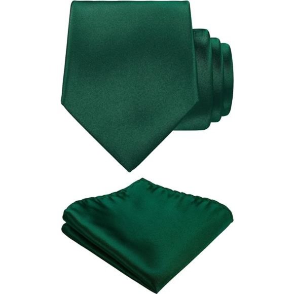 Solid Green Tie Satin Color Formal Necktie and Pocket Square Sets in Gift Box - Picture 1 of 6